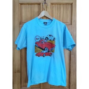 Vintage 80s USA-Made Single Stitch T-Shirt Men's Blue Corvette Chevy Sports Car